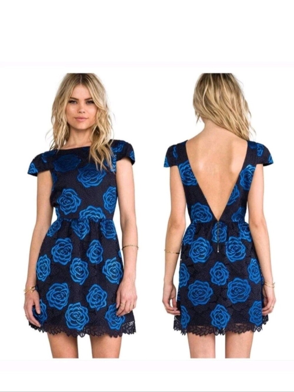 Alice + Olivia Nelly Blue Black Lace Deep V Open Back Mini Dress Size 8